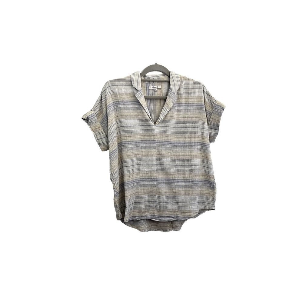 Madewell Crinkle Striped Short Sleeve Blouse Boxy V Neck Women Small